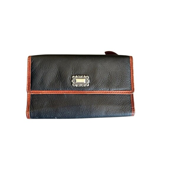 Vintage Fossil Black Leather Trifold Wallet Cards Checkbook Brown Trim Western - Picture 1 of 13